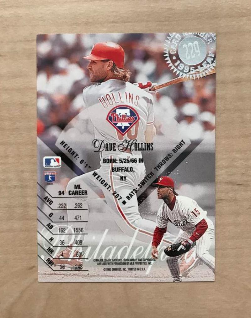 DAVE HOLLINS PHILADELPHIA PHILLIES SIGNED 1995 DONRUSS CARD #229 W/COA