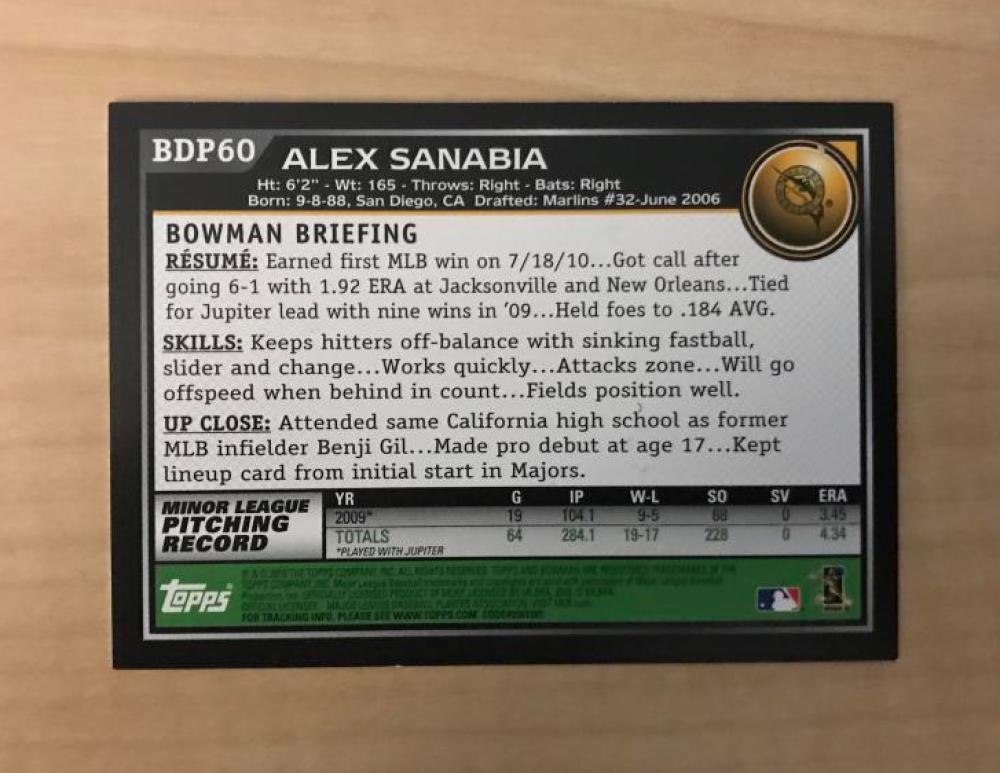 ALEX SANABIA FLORIDA MARLINS SIGNED AUTOGRAPHED 2010 BOWMAN CARD #BDP60 W/COA