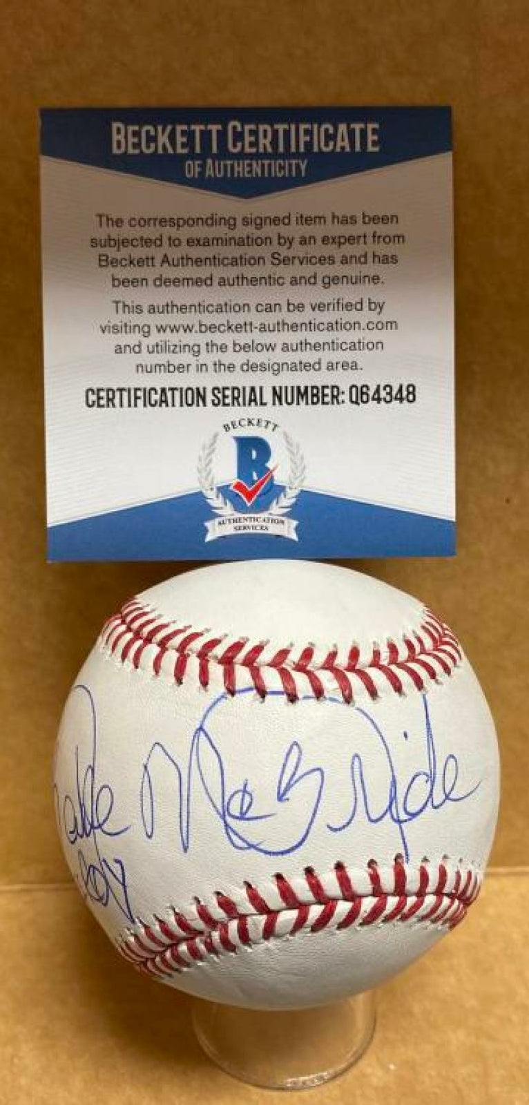 BAKE MCBRIDE 1974 ROY CARDINALS SIGNED AUTOGRAPHED M.L. BASEBALL BECKETT Q64348