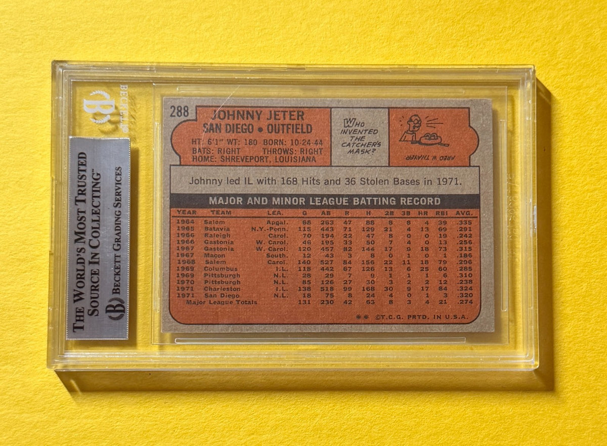 1972 TOPPS JOHNNY JETER #288 SIGNED AUTO CARD BECKETT AUTHENTIC PADRES