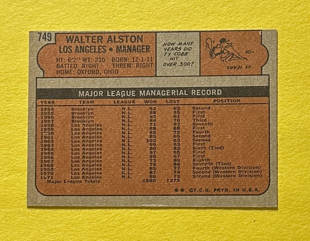 1972 TOPPS WALTER ALSTON #749 DODGERS