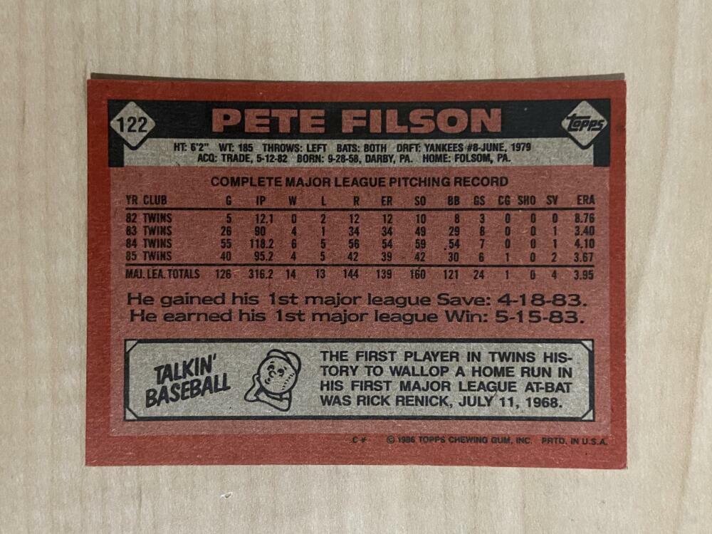PETE FILSON MINNESOTA TWINS SIGNED AUTOGRAPHED 1986 TOPPS CARD #122 W/COA