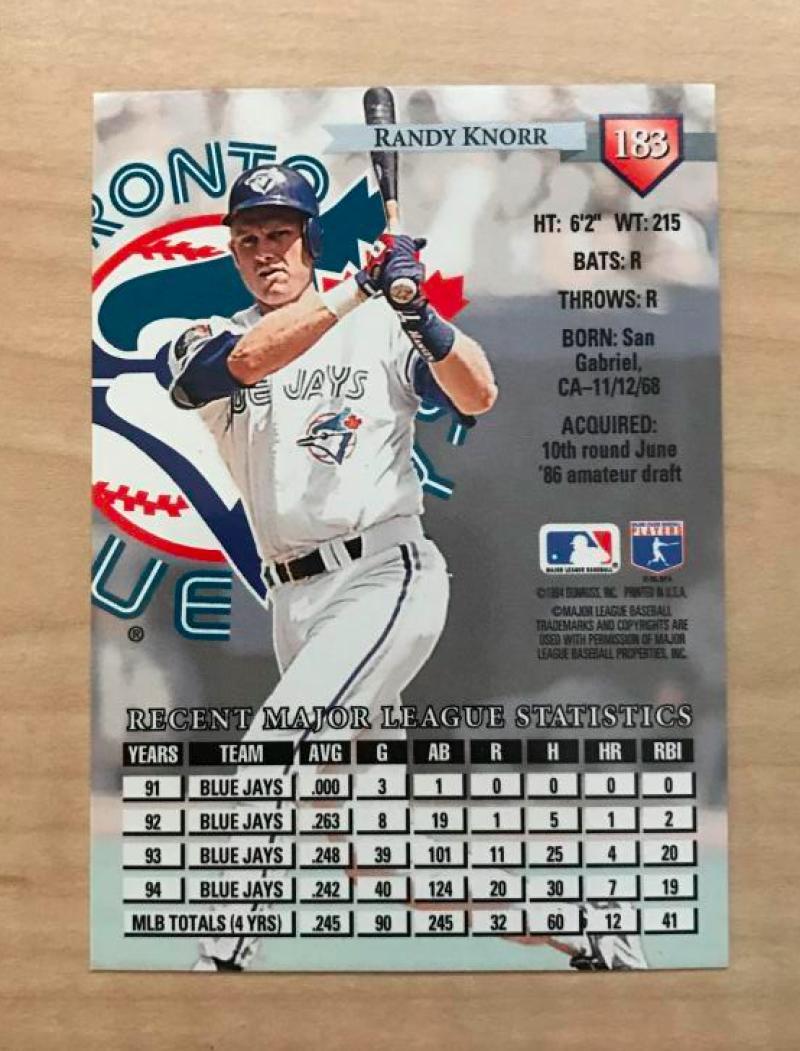 RANDY KNORR TORONTO BLUE JAYS SIGNED AUTOGRAPHED 1995 DONRUSS CARD #183 W/COA 