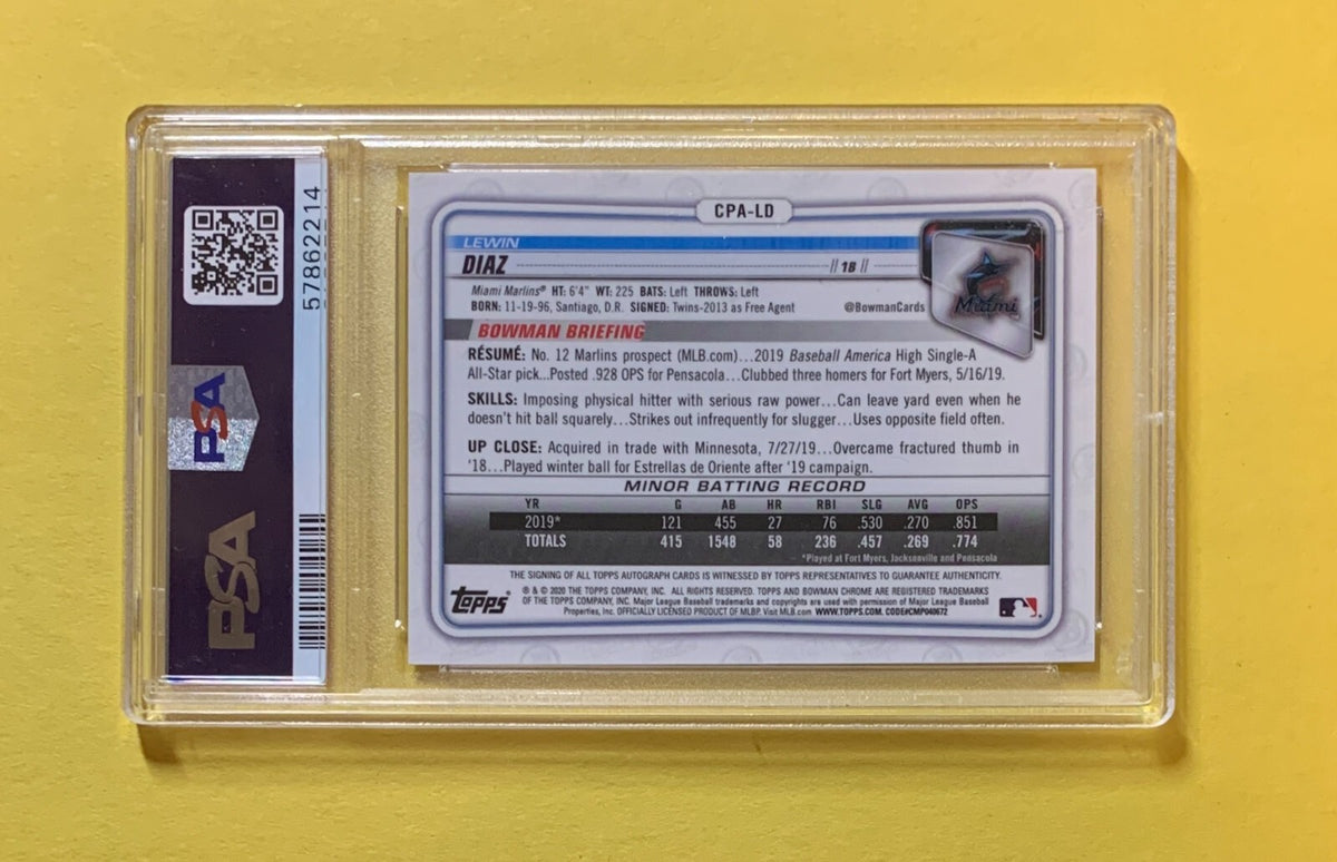 2020 BOWMAN CHROME LEWIN DIAZ 1ST BOWMAN AUTO #CPALD PSA MINT 9 MARLINS