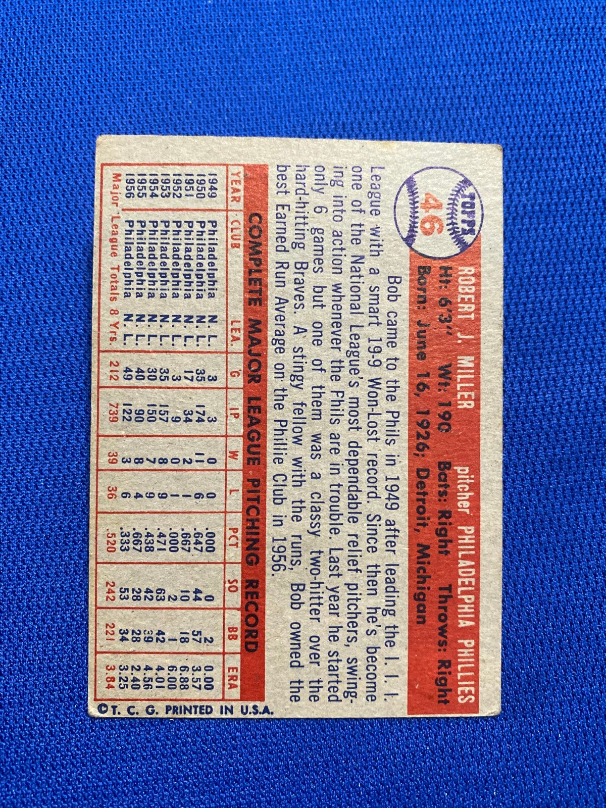 1957 TOPPS BOB MILLER PHILADELPHIA PHILLIES #46 CARD VINTAGE SET-BREAK