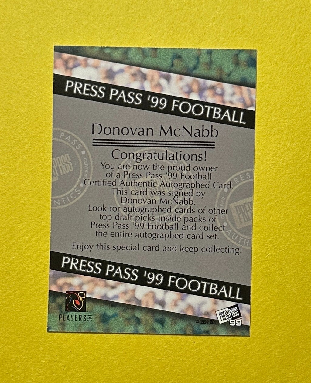 1999 PRESS PASS DONOVAN MCNABB AUTOGRAPH DRAFT PICK