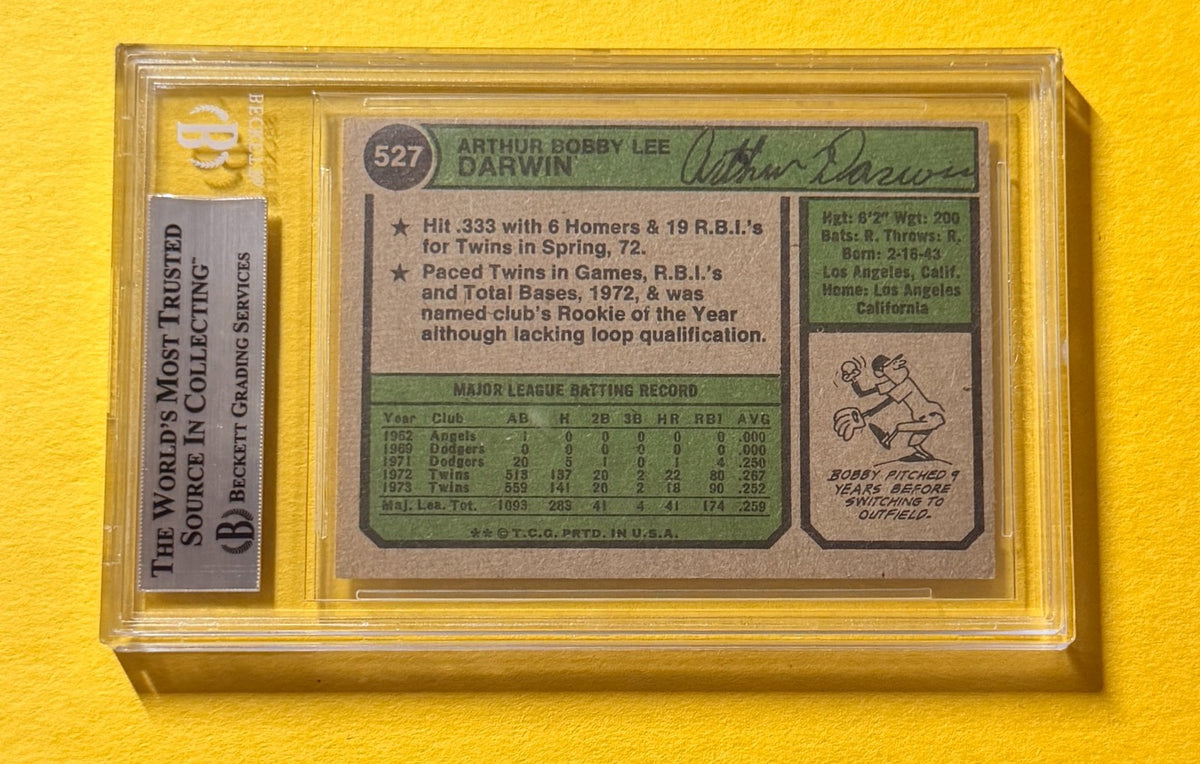 1974 TOPPS BOBBY DARWIN #527 SIGNED AUTO CARD BECKETT AUTHENTIC TWINS