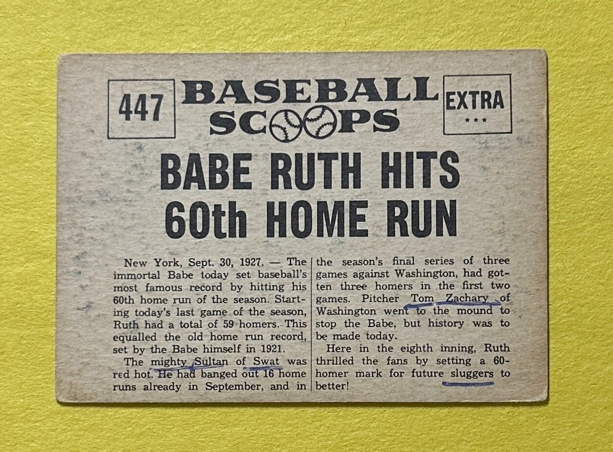 1961 NU-CARD BASEBALL SCOOPS BABE RUTH HITS 60TH HOME RUN #447 HOF