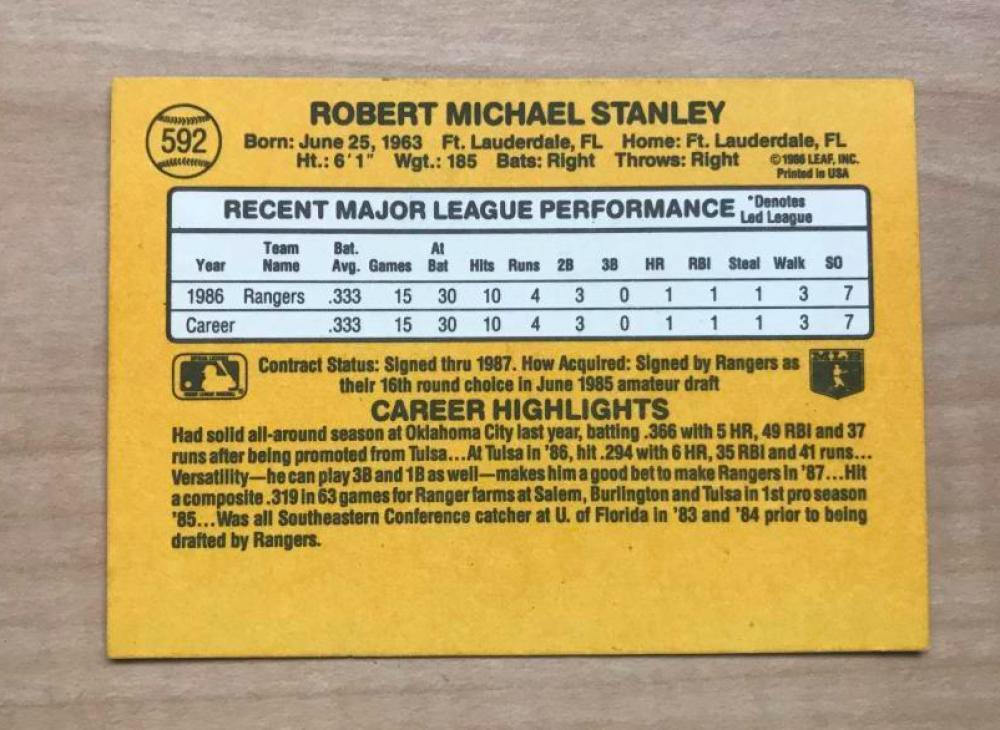 MIKE STANLEY TEXAS RANGERS SIGNED AUTOGRAPHED 1987 DONRUSS CARD #592 W/COA 