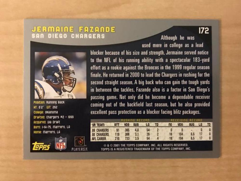 JERMAINE FAZANDE SAN DIEGO CHARGERS SIGNED AUTOGRAPHED 2001 TOPPS CARD#172 W/COA