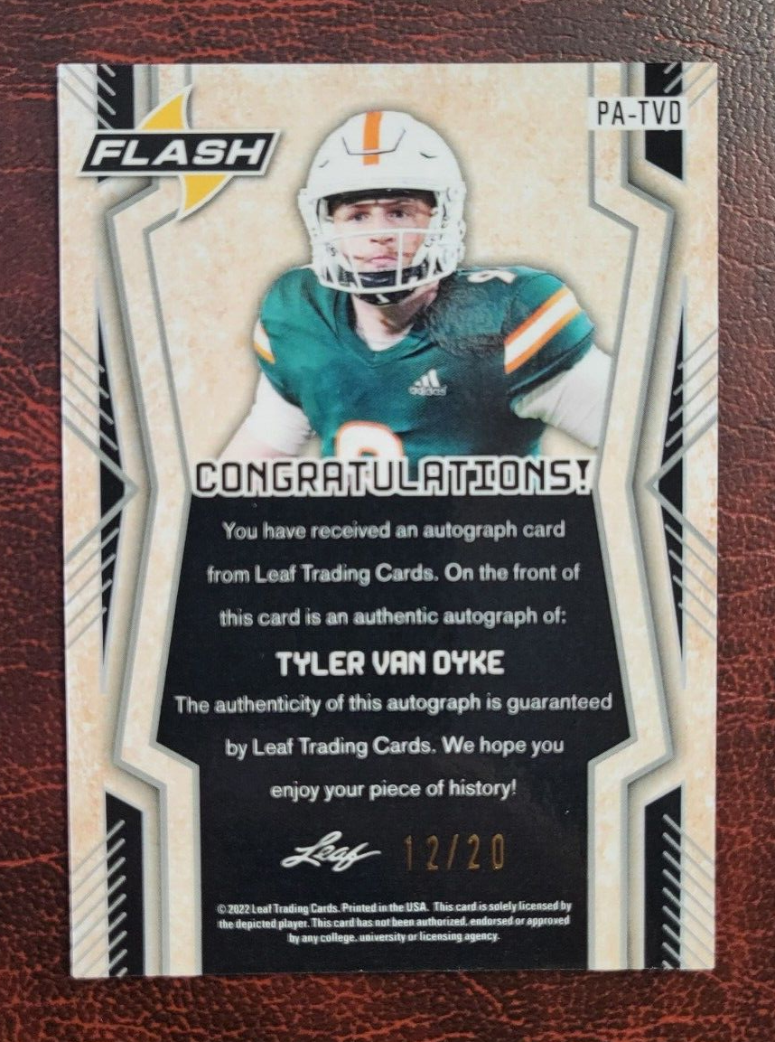 2022 LEAF FLASH TYLER VAN DYKE UM HURRICANES RC ROOKIE AUTO CARD /20