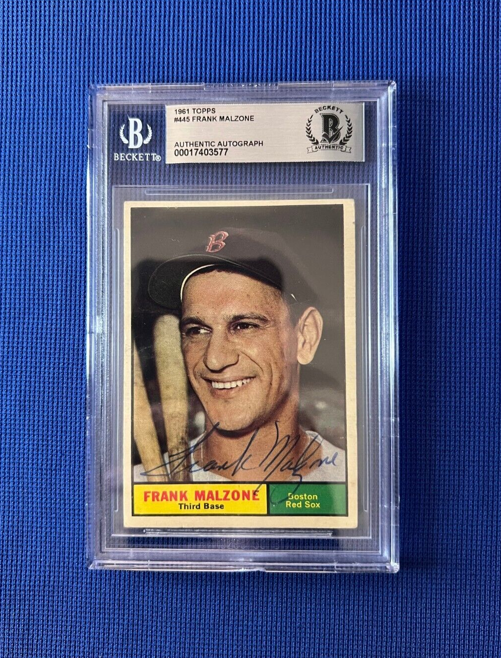 1961 TOPPS FRANK MALZONE BOSTON RED SOX SIGNED AUTOGRAPHED CARD #445 BECKETT