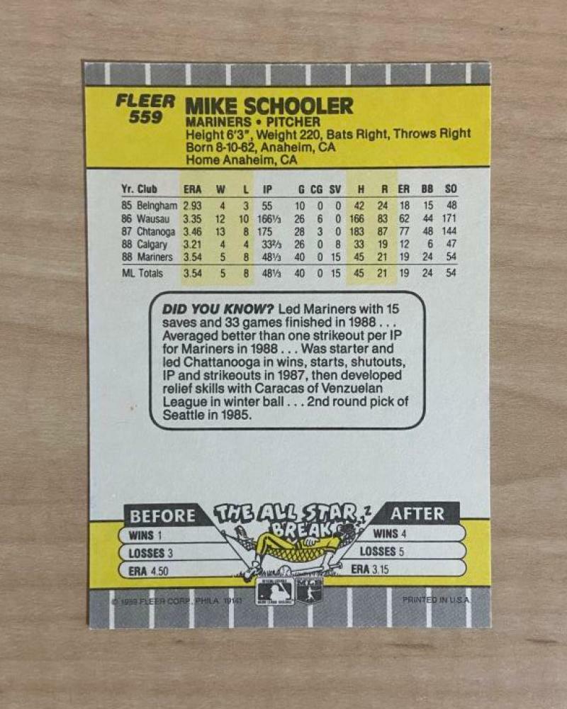 MIKE SCHOOLER SEATTLE MARINERS SIGNED AUTOGRAPHED 1989 FLEER CARD #559 W/COA 
