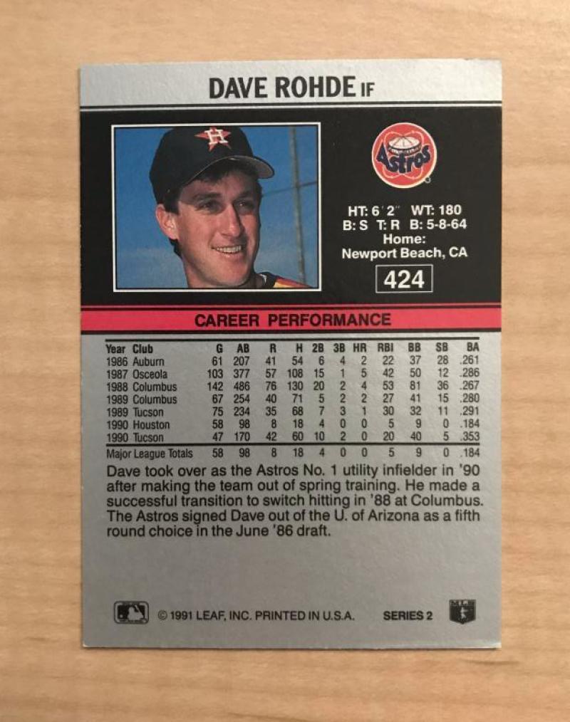 DAVE ROHDE HOUSTON ASTROS SIGNED AUTOGRAPHED 1991 LEAF CARD #424 W/COA
