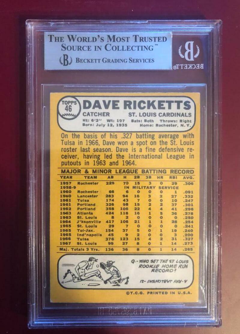 1968 TOPPS DAVE RICKETTS #46 CARDINALS SIGNED CARD BECKETT AUTHENTIC AUTO VINTAG