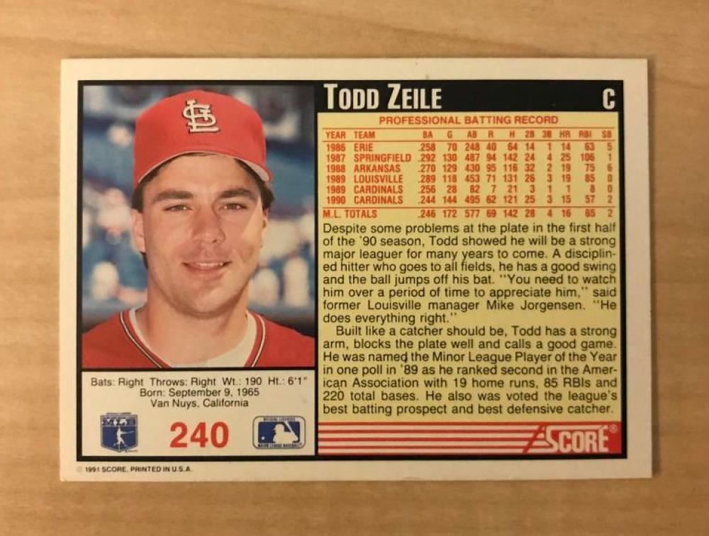 TODD ZEILE ST. LOUIS CARDINALS SIGNED AUTOGRAPHED 1991 SCORE CARD #240 W/COA