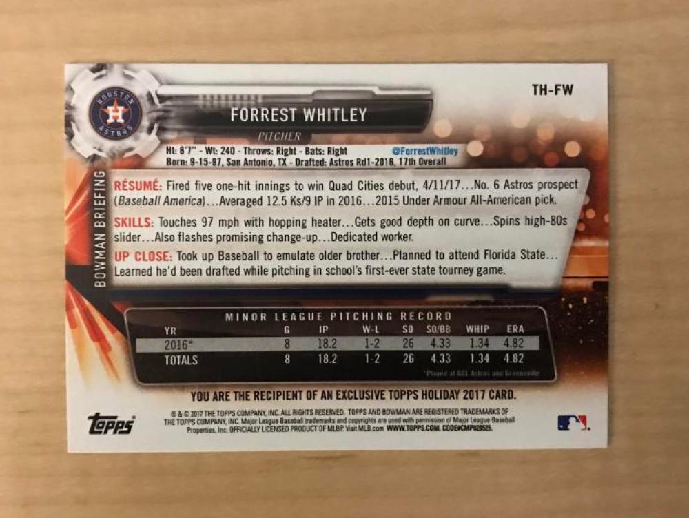 FORREST WHITLEY HOUSTON ASTROS SIGNED 2017 TOPPS HOLIDAY CARD #TH-FW W/COA