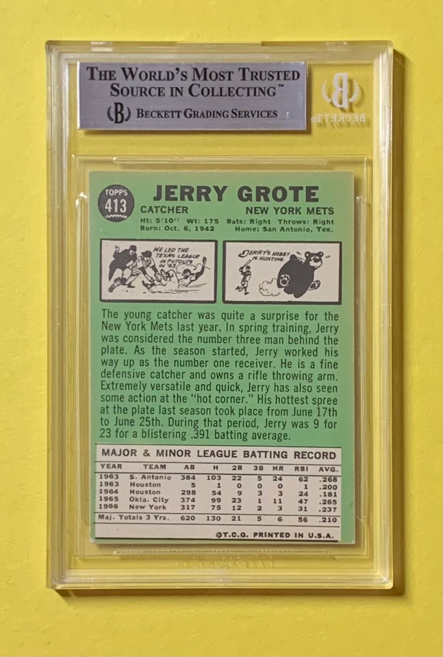 1967 TOPPS JERRY GROTE #413 AUTHENTIC AUTO BECKETT CERTIFIED METS