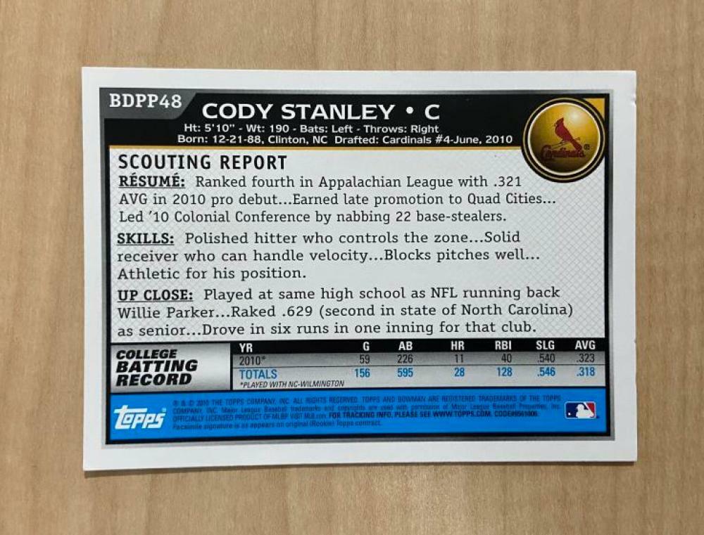 CODY STANLEY ST LOUIS CARDINALS SIGNED 2010 BOWMAN CARD #BDPP48 W/COA