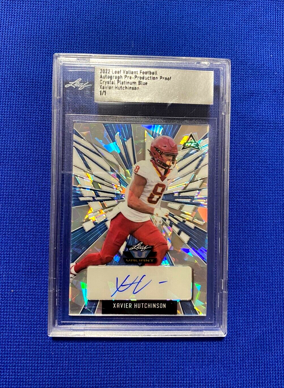 2022 LEAF VALIANT FOOTBALL AUTOGRAPH PRE PRODUCTION PROOF CRYSTAL PLAT BLUE 1/1