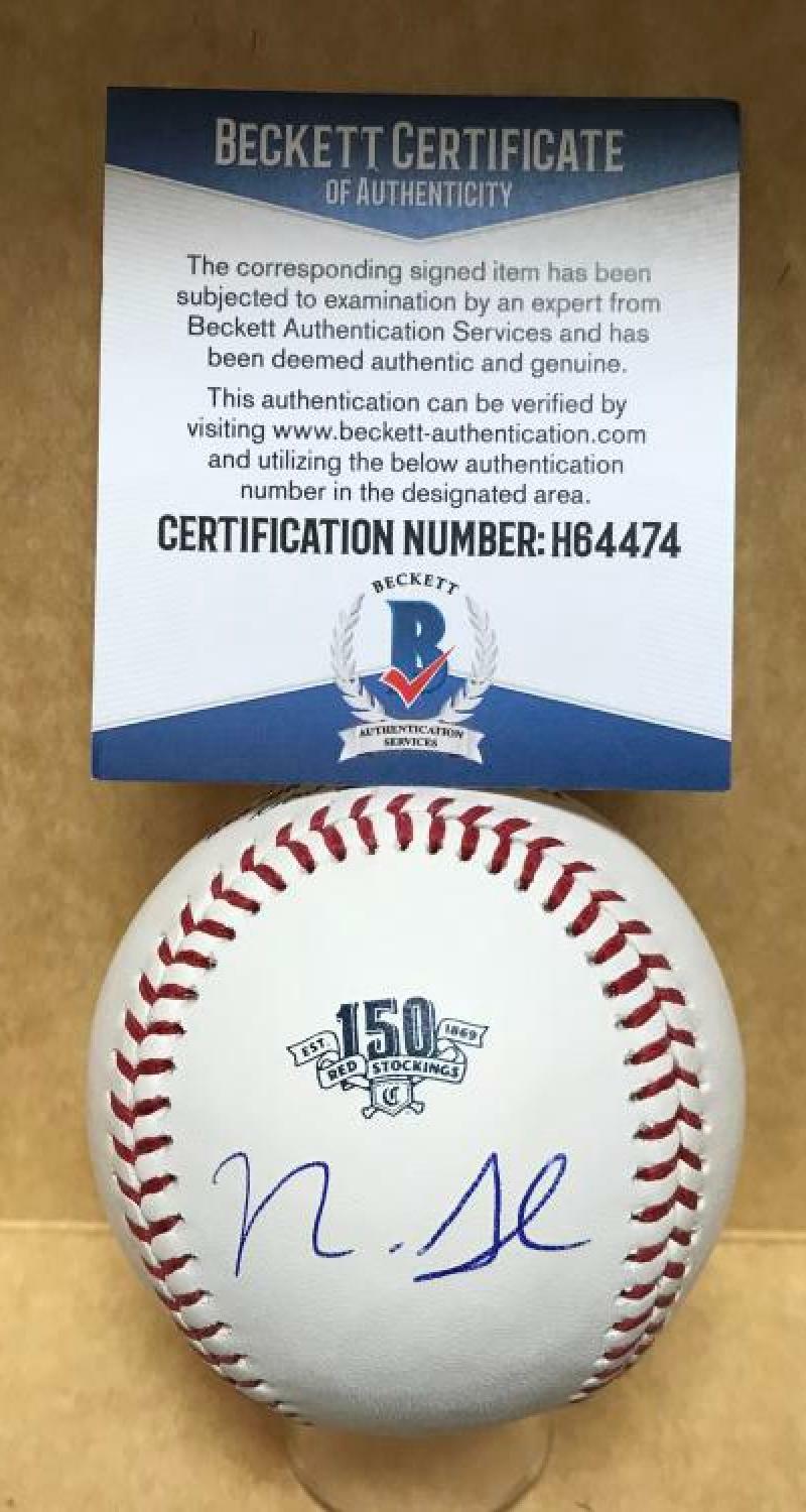 NICK SENZEL REDS SIGNED UNDER REDS 150 ANNIVERSARY BASEBALL BECKETT H64474
