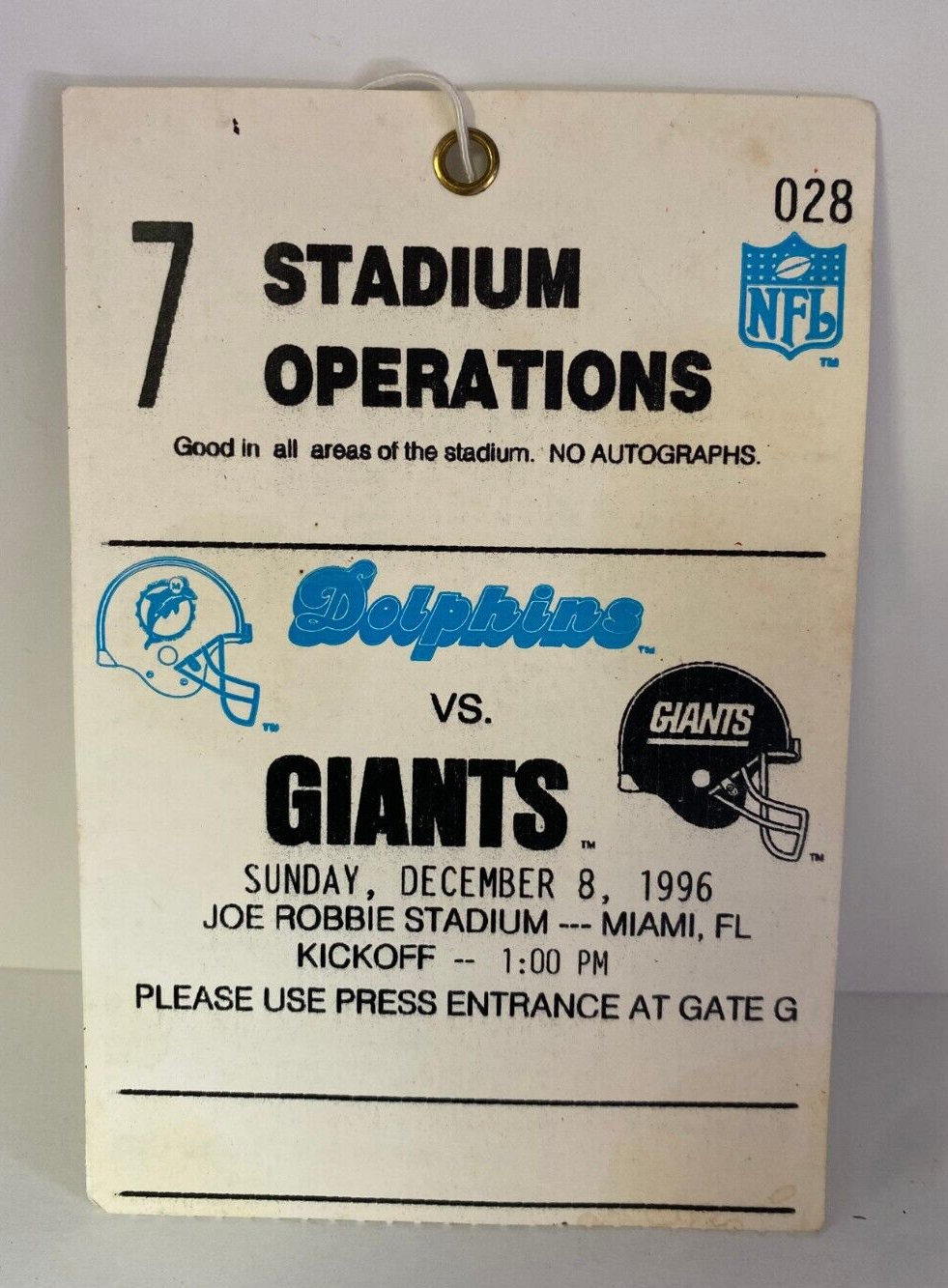 VINTAGE 1996 MIAMI DOLPHINS VS NEW YORK GIANTS STADIUM OPERATIONS PASS