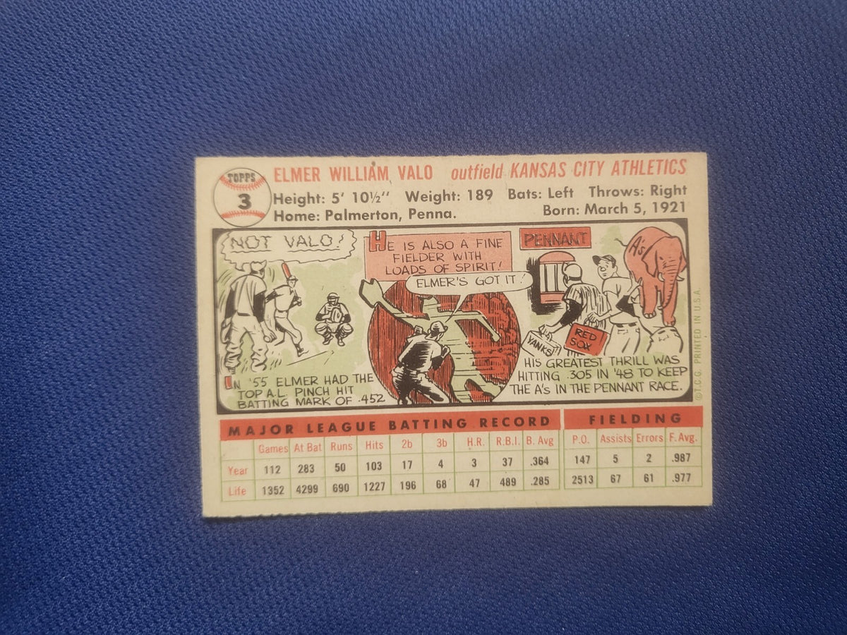 1956 TOPPS ELMER VALO KANSAS CITY ATHLETICS #3 WHITE BACK CARD SET-BREAK