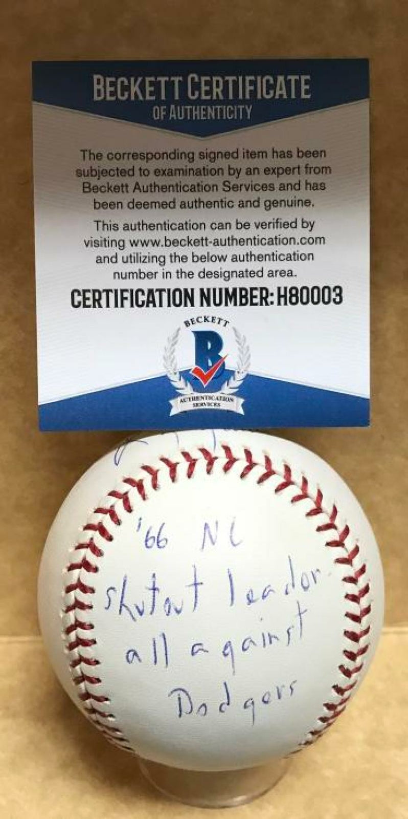 LARRY JASTER 66 NL SHUTOUT LEADER ALL AGAINST DODGERS SIGNED BASEBALL H80003