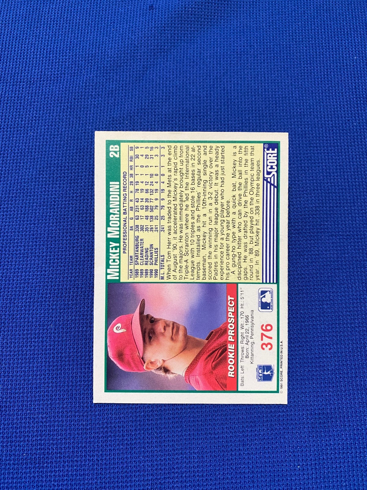 1991 SCORE MICKEY MORANDINI PHILLIES SIGNED AUTOGRAPHED AUTO #376 CARD W/COA