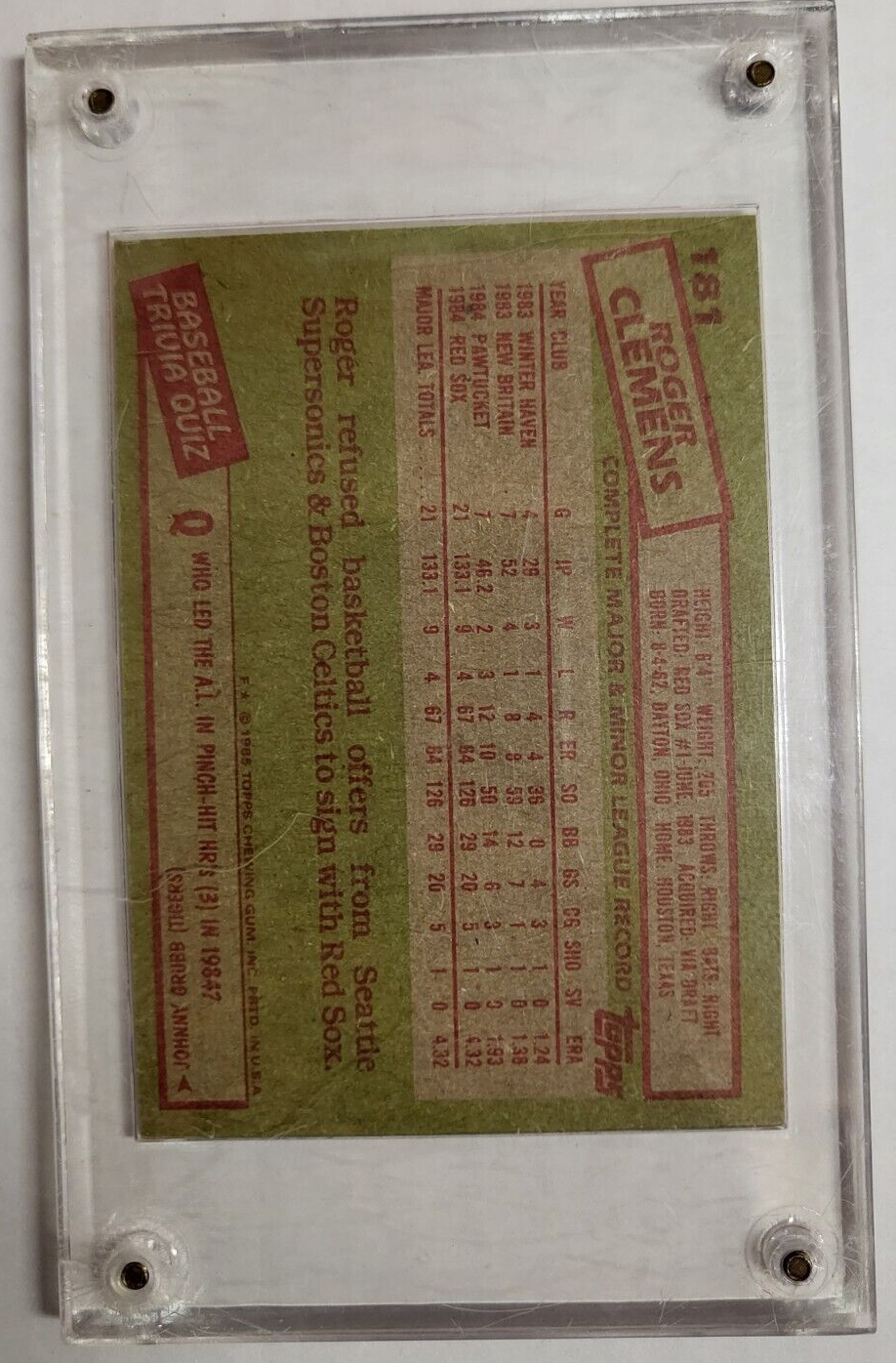 1985 TOPPS ROGER CLEMENS ROOKIE #181 IN CASE RED SOX BASEBALL CARD