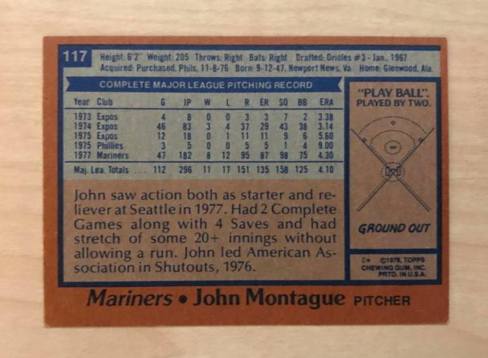 JOHN MONTAGUE SEATTLE MARINERS SIGNED AUTOGRAPHED 1978 TOPPS CARD #117 W/COA 