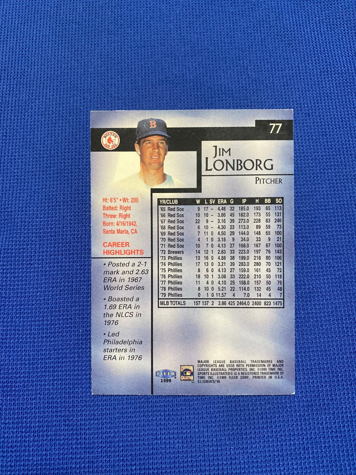 1999 FLEER GREATS OF THE GAME JIM LONBORG RED SOX SIGNED AUTOGRAPH CARD #77 COA