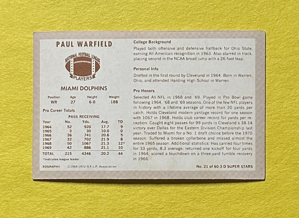 1970 KELLOGG'S PAUL WARFIELD 3-D SUPER STARS #21 HOF DOLPHINS