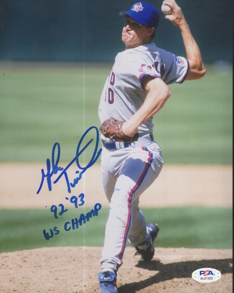 MIKE TIMLIN BLUE JAYS 92 93 WS CHAMPS SIGNED 8X10 PHOTO PSA STICKER AL21323