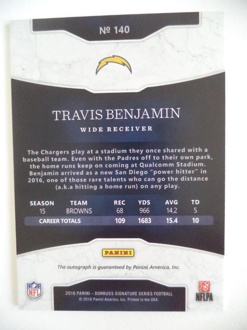 TRAVIS BENJAMIN 2016 DONRUSS SIGNATURES #140 AUTO AUTOGRAPHED CARD 