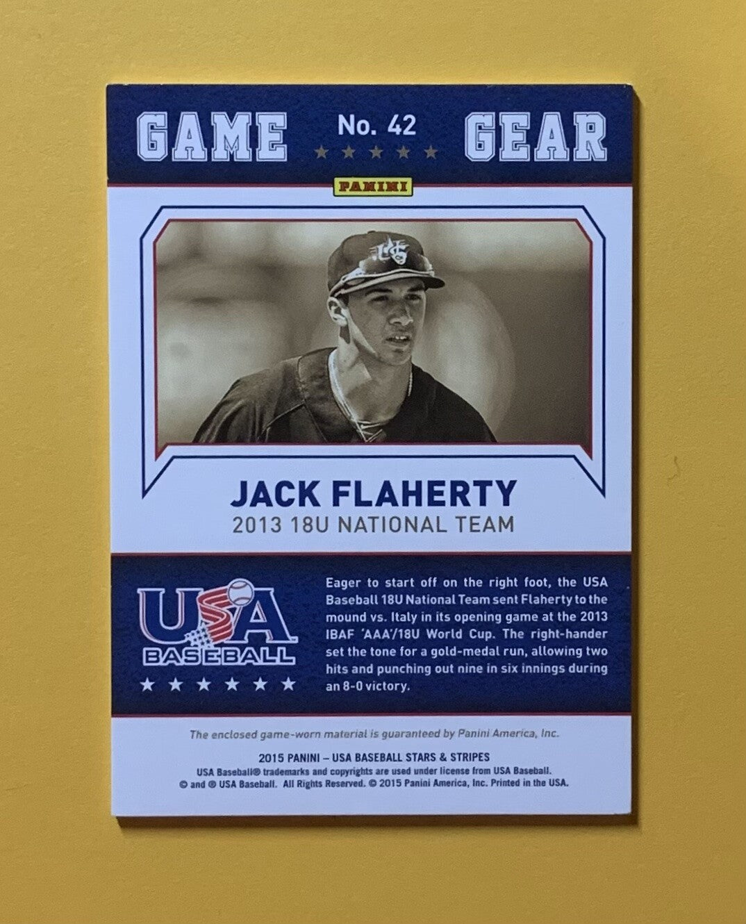 2015 PANINI USA STARS & STRIPES JACK FLAHERTY RELIC /299 #42 CARDINALS 