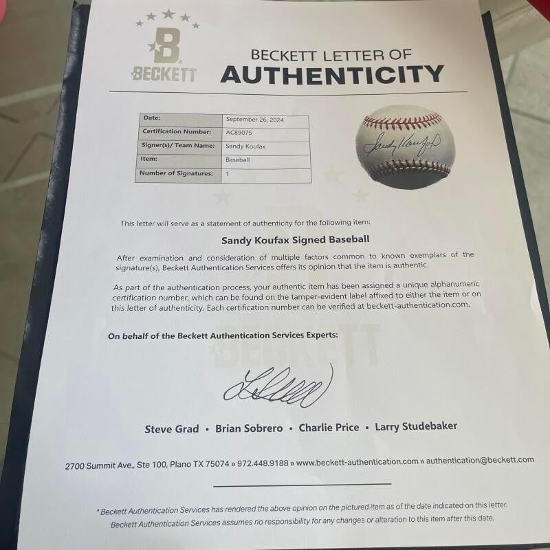 SANDY KOUFAX SIGNED RARE MINT SIGNED AUTOGRAPHED N.L. BASEBALL BAS LOA