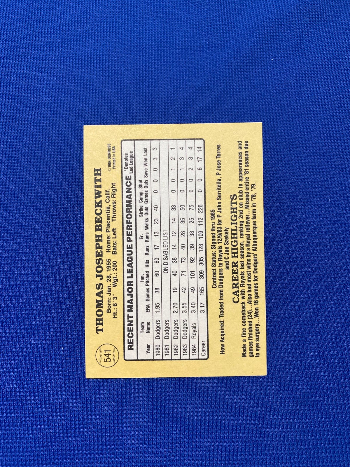 1985 DONRUSS JOE BECKWITH LA DODGERS SIGNED AUTOGRAPHED AUTO CARD #541 W/COA