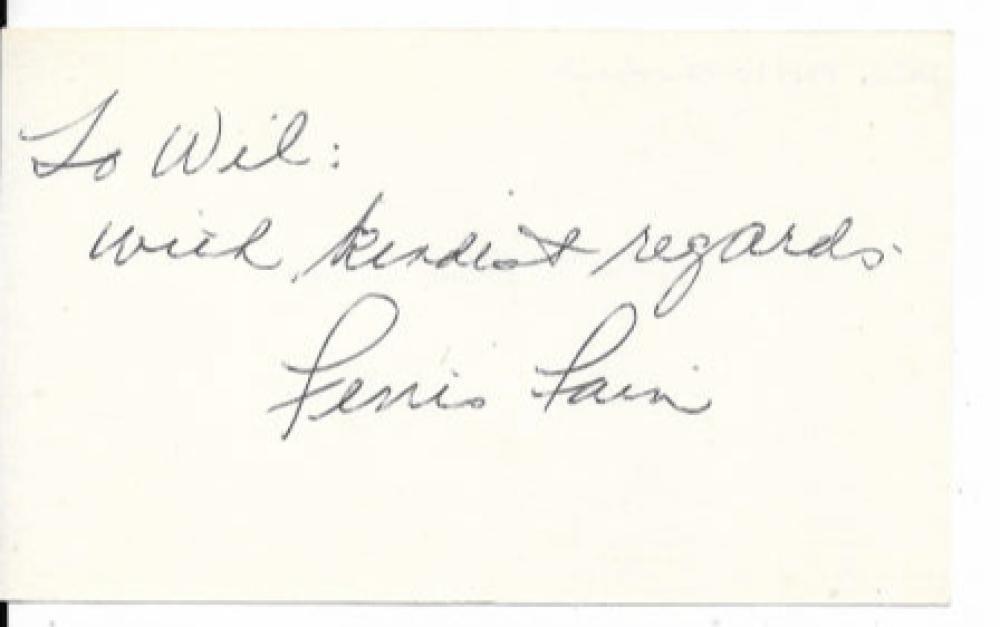FERRIS FAIN PERSONALIZED DEBUT 1947 SIGNED 3X5 CARD W/COA 