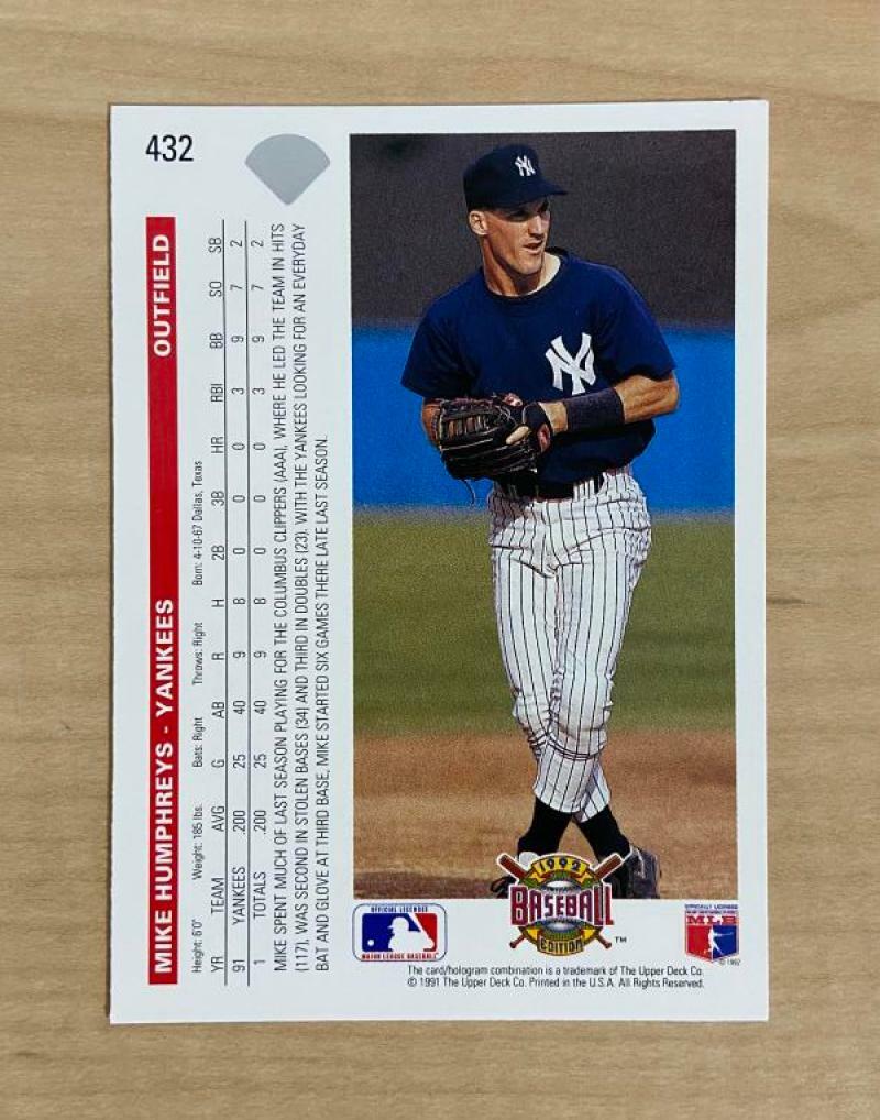 MIKE HUMPHREYS NEW YORK YANKEES SIGNED 1992 UPPER DECK CARD #432 W/COA