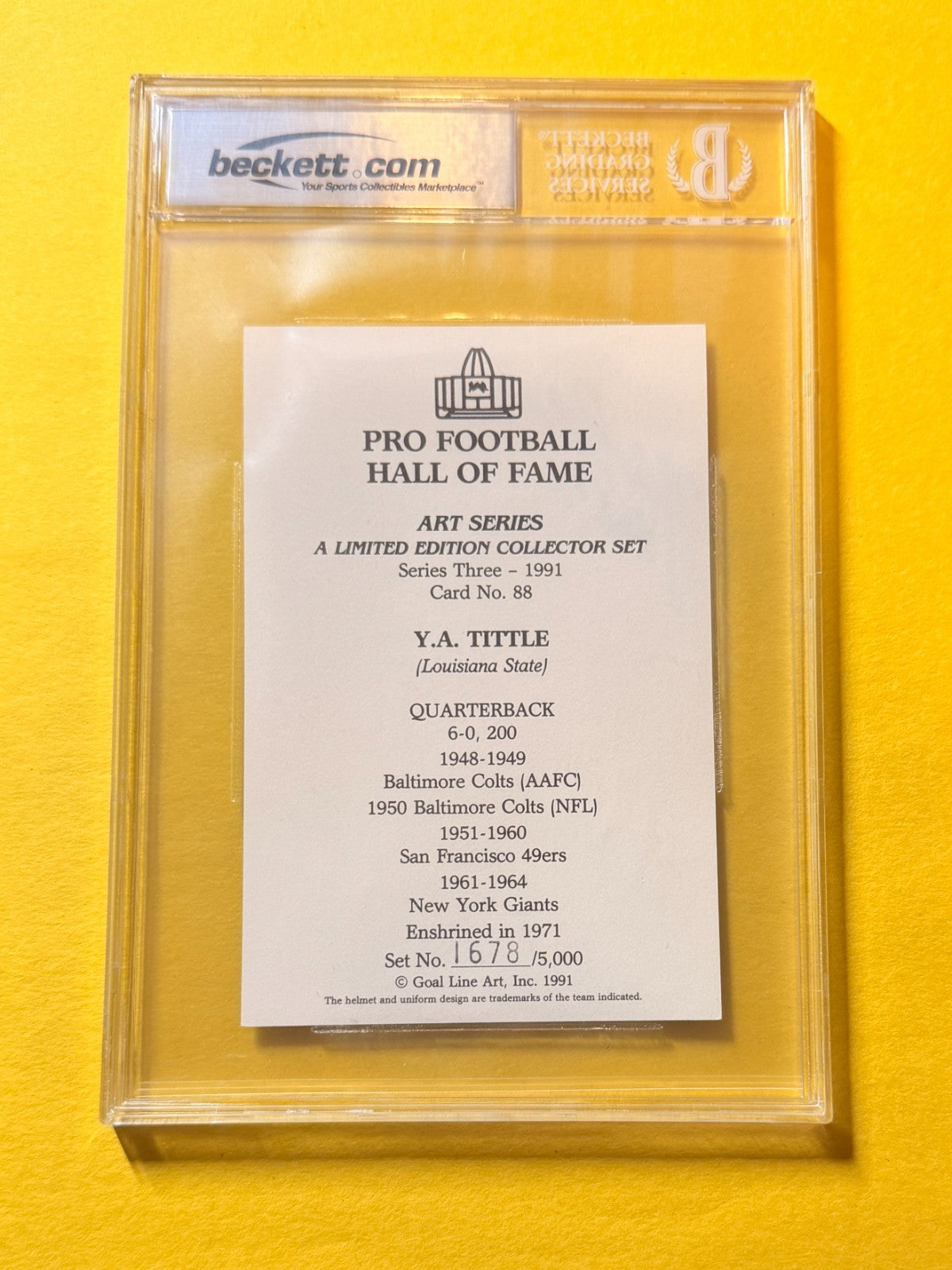 1989 GOAL LINE HOF Y.A. TITTLE #88 SIGNED ART BECKETT AUTHENTIC 10 "HOF 71"