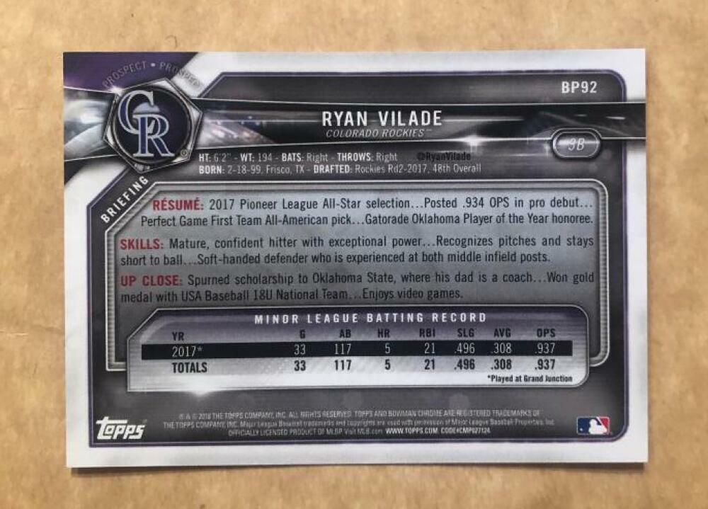 2018 BOWMAN CHROME RYAN VILADE ROCKIES 35/50