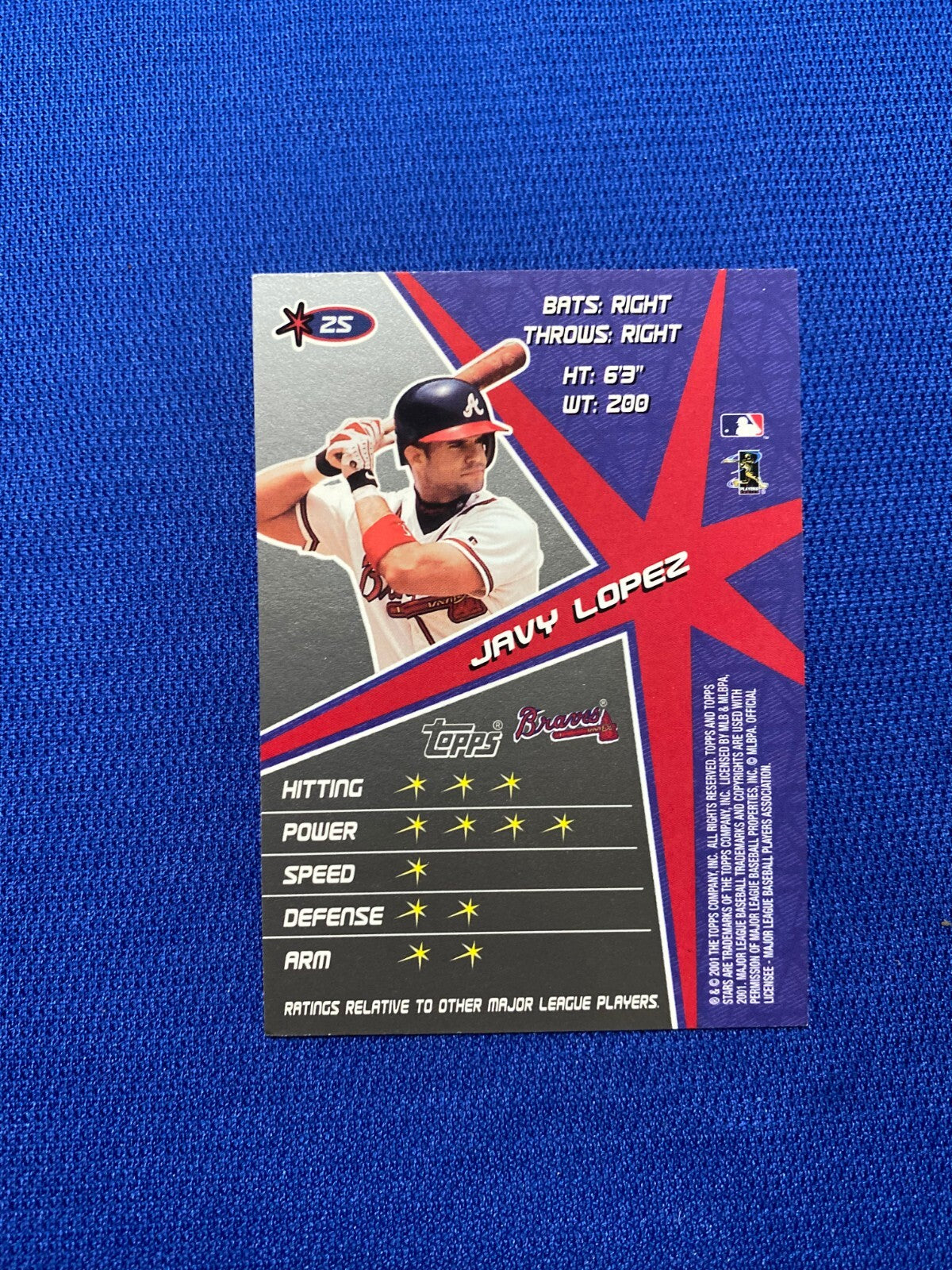 2001 TOPPS STARS JAVY LOPEZ ATLANTA BRAVES SIGNED AUTOGRAPHED #25 CARD W/COA