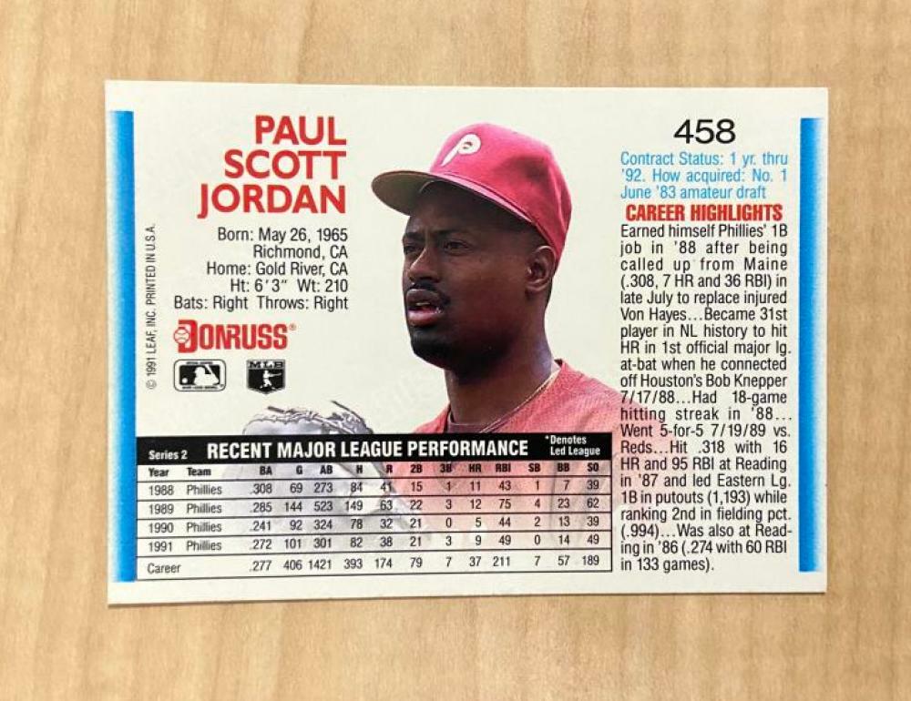RICKY JORDAN PHILADELPHIA PHILLIES SIGNED 1992 DONRUSS CARD #458 W/COA