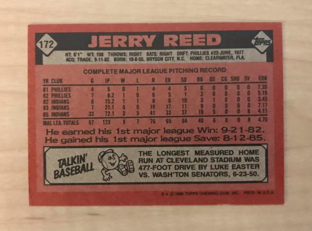 JERRY REED CLEVELAND INDIANS SIGNED AUTOGRAPHED 1986 TOPPS CARD #172 W/COA 