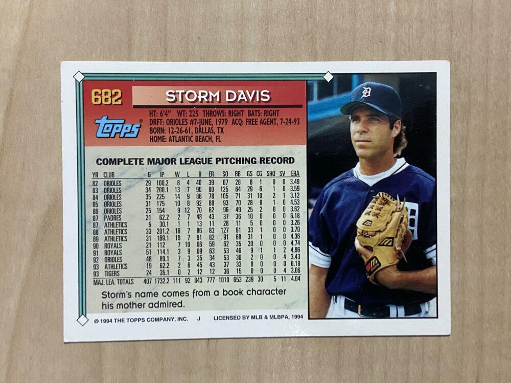 STORM DAVIS DETROIT TIGERS SIGNED AUTOGRAPHED 1994 TOPPS CARD #682 W/COA