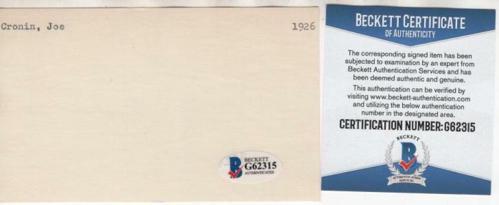 JOE CRONIN RED SOX SIGNED 3X5 INDEX CARD BECKETT G62315