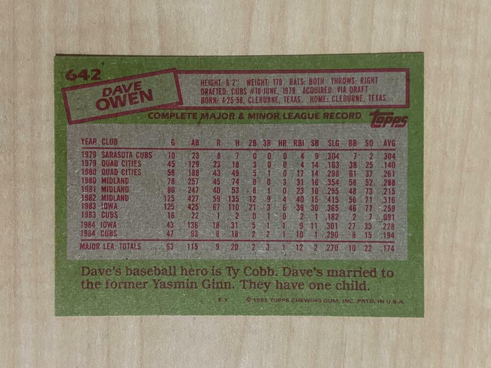 DAVE OWEN CHICAGO CUBS SIGNED AUTOGRAPHED 1985 TOPPS CARD #642 W/COA