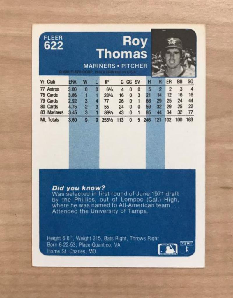 ROY THOMAS SEATTLE MARINERS SIGNED AUTOGRAPHED 1984 FLEER CARD #622 W/COA