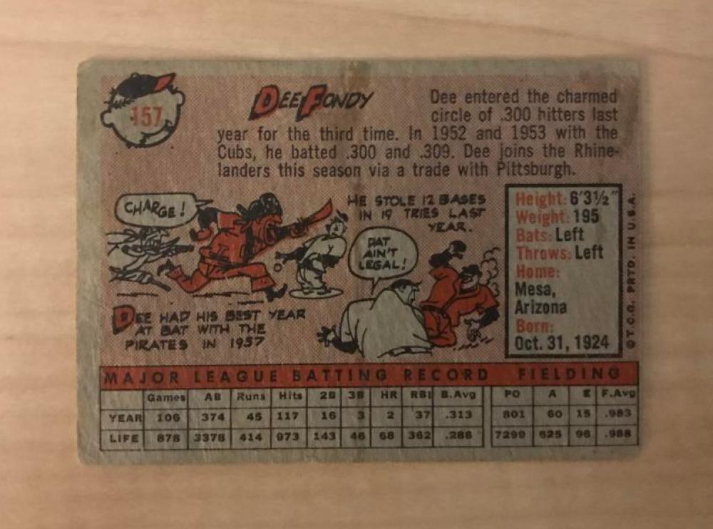 DEE FONDY CINCINNATI REDLEGS SIGNED DECEASED 1958 TOPPS CARD #157 W/COA